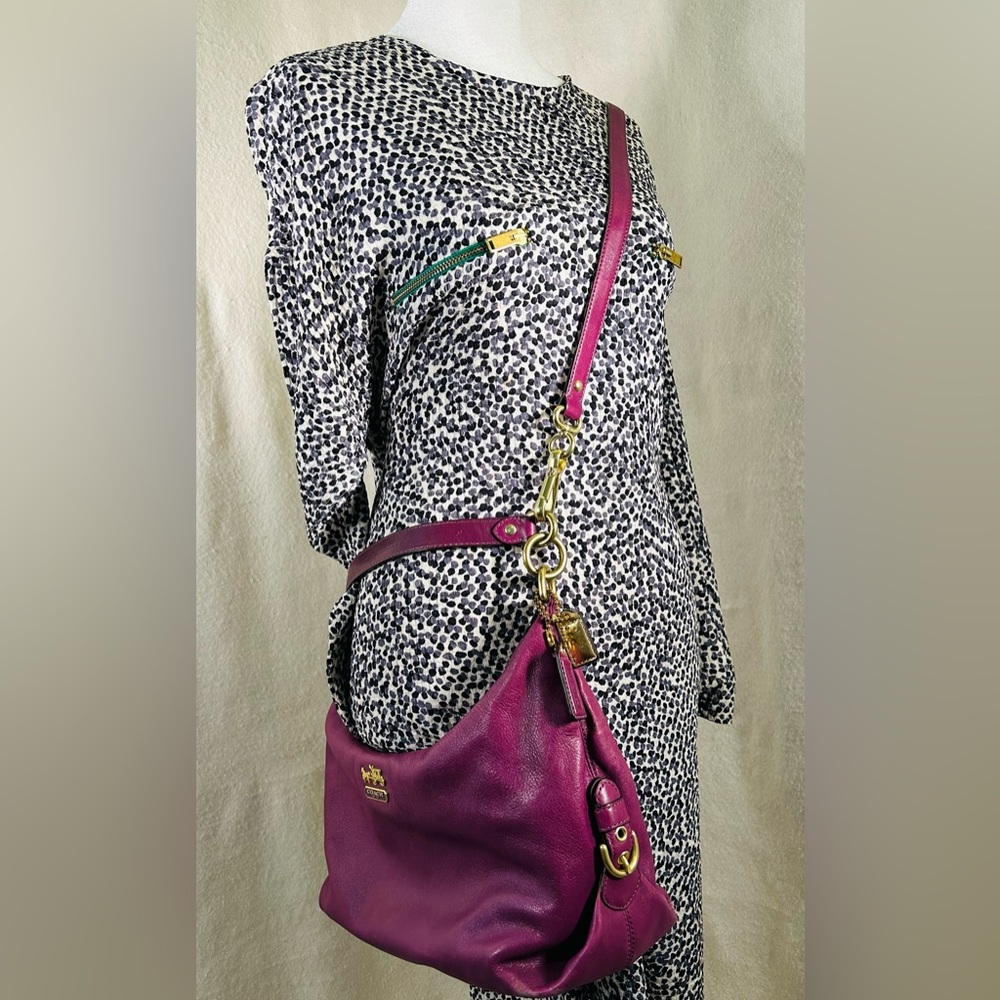 COACH purse, crossbody purple leather with gold hardware, pre-loved condition